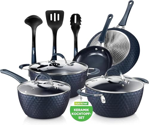 NutriChef Pfannenset & Topfset 11-teilig Antihaftbeschichtet – Kochtopf Set mit Durchsichtigen Deckeln & Keramikschicht – Töpfe Set für Gas, Elektro & Induktionsherd – Töpfe & Pfannen PFOA/PFOS-frei von NutriChef