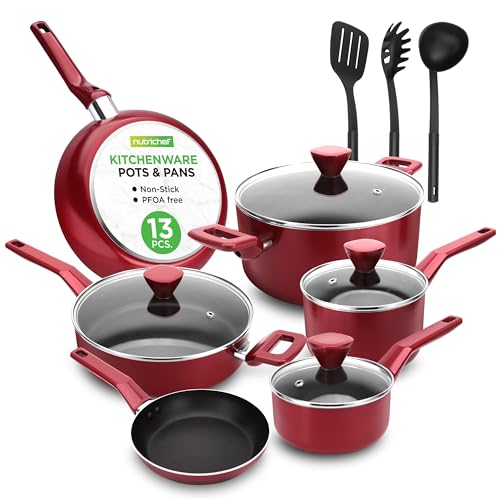 NutriChef Pfannenset & Topfset 13-teilig – Antihaft Kochtopf Set mit durchsichtigen Deckeln – Set für Gas-, Elektro- & Keramikherd – Aluminium Pfannen Set in Rot – für Professionelle & Hobby Köche von NutriChef