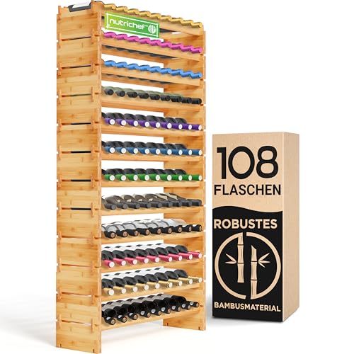 NutriChef Flaschenregal Holz, Weinregal Holz – Wine Rack – Flaschenregal Stapelbar Modular für 108 Flaschen, Flaschenregal Schmal mit 85 x 25 x 159cm, Flaschenschrank als Weinregal Stehend von Nutrichef