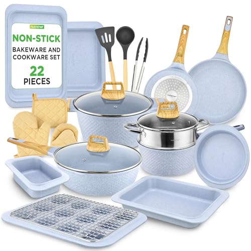 NutriChef Set mit 22 Küchen- und Backutensilien | Professionelle Sammlung für den Haushalt mit Töpfen, Pfannen in verschiedenen Größen, Antihaft- und hitzebeständigen Utensilien (Lunar Grauer Marmor) von Nutrichef