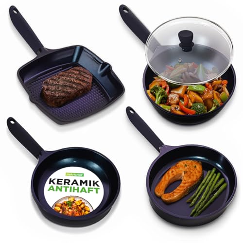 NutriChef Set mit 5 Antihaft-Keramikpfannen, inklusive Grill- und Wokpfanne, Fleckenbeständige Pfannen mit kühlen Griffen, Tempered Glass Deckel, PTFE/PFOA/PFOS frei (Blau) von Nutrichef