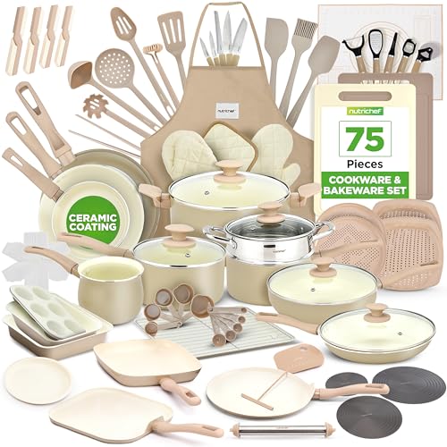 NutriChef Set mit 75 Antihaft-Pfannen und -Töpfen, Komplettes Set aus Keramik-Küchenutensilien mit Backzubehör, Messer-Set und Zubehör, fleckenbeständig, lebensmittelsicher, Creme/Braun von Nutrichef