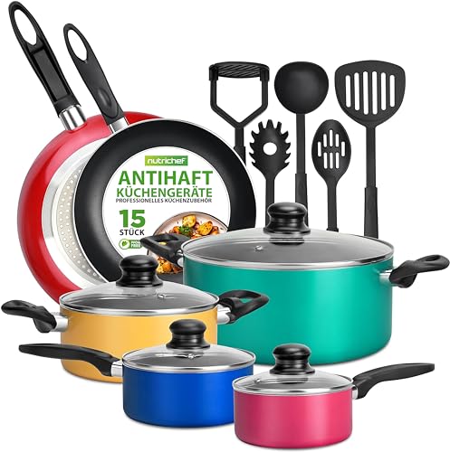 NutriChef Töpfe und Pfannen Set, Kochgeschirr Set 15-Teilig, Antihaft Cookware Set Inkl. Topfset, Pfannenset Induktion & Küchenzubehör, für alle Herdarten, PFOA/PFOS frei, Spülmaschinenfest, Bunt von Nutrichef