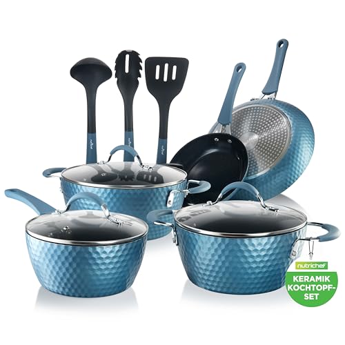 NutriChef Töpfe & Pfannen, 11 Teiliges- Topf und Pfannenset, Antihaft- Kochgeschirr Set- mit 3.5L Schmortopf, 2L Kochtopf, 1.5L Stielkasserolle, Grosse & Kleine- Bratpfanne & Mehr, Für alle Herdarten von NutriChef