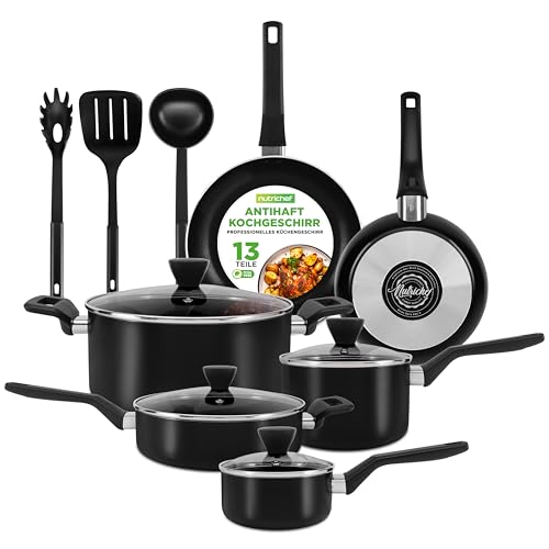 NutriChef Töpfe & Pfannen, 13 Teiliges- Topf und Pfannenset, Antihaft- Kochgeschirr Set- mit 4.5L, 2L& 1L Kochtopf, 3L Sauteuse, Grosse & Kleine- Bratpfanne & Mehr, Für alle Herdarten geeignet von NutriChef