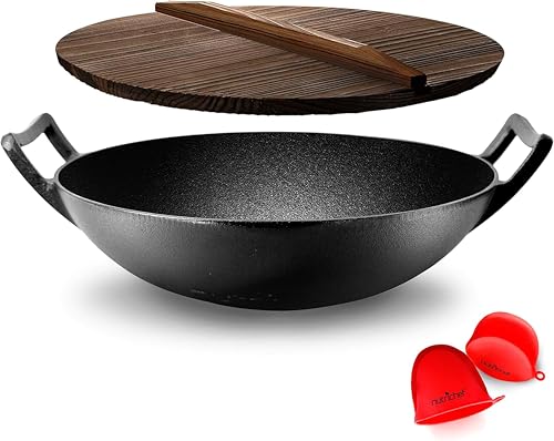 NutriChef Wokpfanne, Wok, 30cm- Wokpfanne Induktion, Wok Gusseisen- mit Holzdeckel, Kazan Gusseisen, Integrierte Tragegriffe, Pfanne Antihaft, Tiefe Pfanne, Für alle Herdarten, Backofenfest, Schwarz von Nutrichef