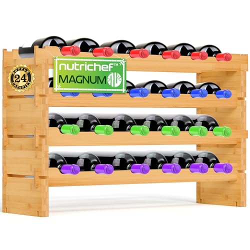Nutrichef 4 - Tier 24 Bottle Bamboo Stackable Wine Rack - Wobble-Free Modular Liquor Display Shelves von Nutrichef