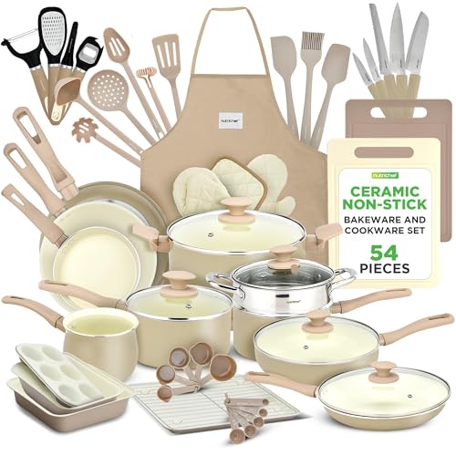 Nutrichef 54-teiliges Marmor-Kochgeschirr- und Backgeschirr-Set, professionelle Küchen-Kollektion mit Töpfen, Pfannen und hitzebeständigen Werkzeugen in verschiedenen Größen von Nutrichef