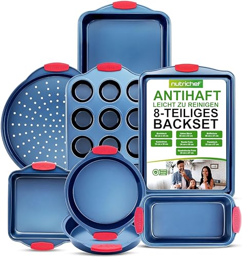Nutrichef Backformen Set 8 -Teilig – Antihaftbeschichtetes Backform Set PFOA-, PFOS- & PTFE-frei – für Süßes als Kuchenform Set & Muffinblech oder Salziges als Pizzablech – Qualitative Baking Tray von Nutrichef