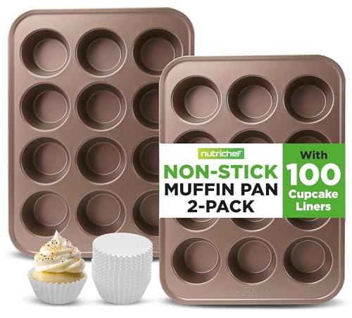 Nutrichef Muffin Backform, Muffinform 2er-Pack, Muffinblech aus Karbonstahl für 12 Muffins, Backformen Antihaftbeschichtet für Cupcakes, Brownies & Kuchen, Spülmaschinenfest, Inkl. 100 Muffinförmchen von Nutrichef