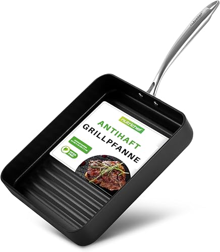 NutriChef Grillpfanne, 28cm- Grillpfanne Induktion, Quadratische- Stekapfanne, Gusseisenpfanne, Grill Pan- Antihaftbeschichtet, Bratpfanne- Für Alle Herdarten, Ofenfest, Robuste Griffe & Hohe Rillen von Nutrichef
