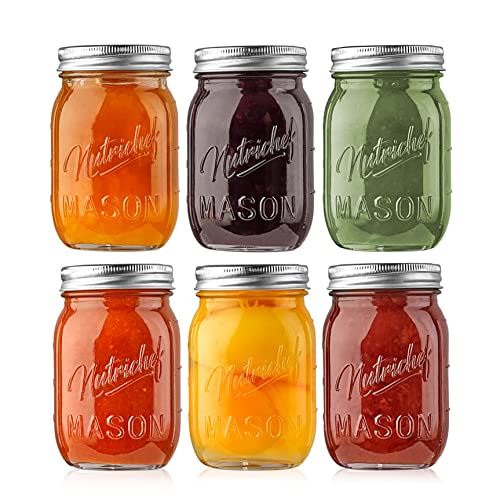 Nutrichef Mason Jars with Lids - 16oz DIY Magnetic Spice Jar Glass Container w/Airtight Lid and Band - Ideal for Meal Prep, Overnight Oats, Jelly, Jam, Honey, Candles, Crafts, Wedding Favors (6 Pcs) von Nutrichef