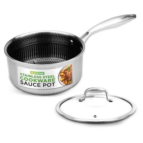 Nutrichef Stielkasserolle, Topf Klein 15cm, Kleiner Topf Induktion mit Glasdeckel, Edelstahltopf, Saucepan 2L, Saucentopf & Milchtopf- Für alle Herdarten geeignet, erhöhtes Waben-Feuerstruktur-Muster von Nutrichef