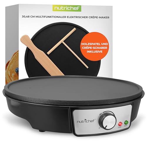 Nutrichef PCRM12EU Elektro-Griddle-Crêpe-Maker-Kochfeld Antihaftbeschichtete 12-Zoll-Aluminium-Kochplatte mit LED-Anzeigeleuchten und einstellbarer Temperaturregelung Schwarz von Nutrichef