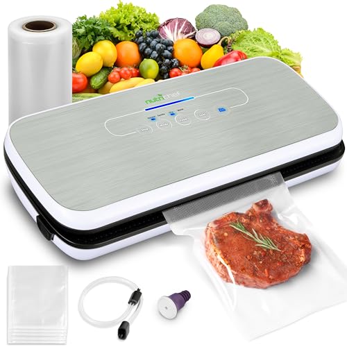 NutriChef Seal Sous Vide Vakuumiergerät für Lebensmittel – Vacuum Sealer– Folienschweißgerät Set inkl. Versiegelungsgerät Weinverschluss, Vakuumierer Beutel, Vakuumrolle & Einschweißgerät Saugschlauch von NutriChef