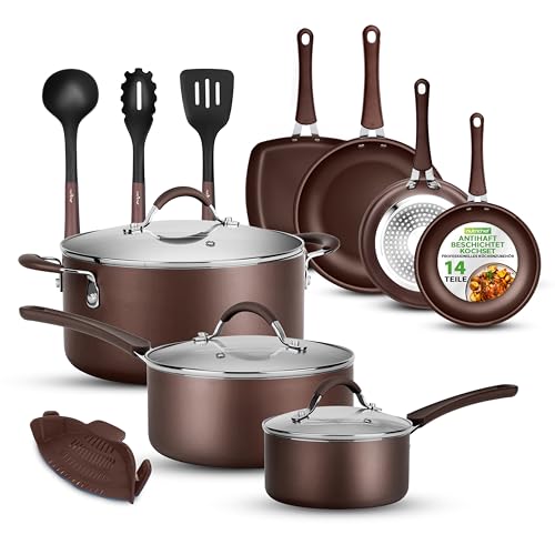 Nutrichef Pfannen & Induktions Töpfe Set, 14-Teiliges Pfannenset & Topfset Induktion,Töpfe & Pfannen mit Cool-touch Griffen PFOA/PFOS-frei – Non Stick – Aluminium mit Edelstahl Kanten – ofenfest von Nutrichef