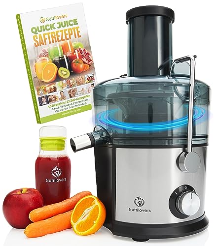 Nutrilovers *Testsieger* QUICK-JUICER Entsafter Edelstahl Obst und Gemüse I XXL-Einwurf für ganze Früchte entsaften, 800W, 2 Geschwindigkeiten, BPA-frei inkl. Trinkflasche + Rezepte Buch & App von Nutrilovers