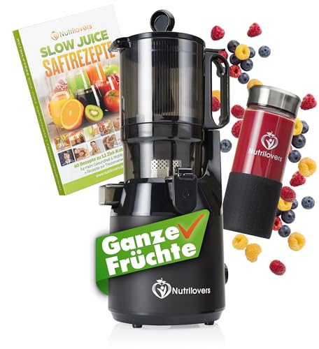 Nutrilovers Entsafter NUTRI-PRESS MAX Ganze Früchte entsaften Slow Juicer Slow Juicer Kaltpresse mit XXL 135 mm Öffnung, BPA-frei inkl. Saft-Flasche, Slow Juice Rezeptbuch von Nutrilovers