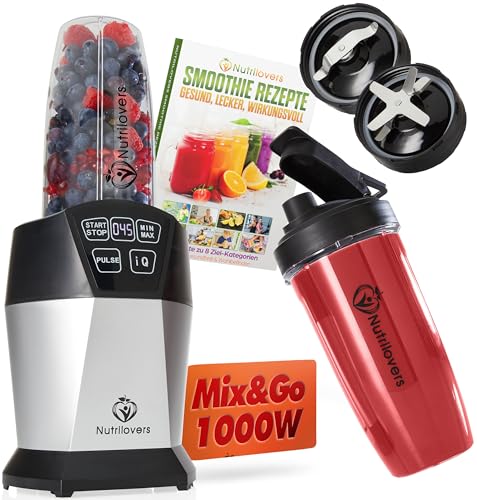 NUTRI-BLENDER Smoothie-Maker to go 1000 Watt Mixer Smoothies Auto-IQ, BPA-frei, Inkl. Rezeptbuch, 2x Becher, Messer, Deckel von Nutrilovers