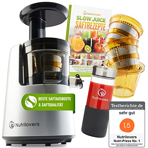 NUTRI-PRESS NO.1 Slow Juicer Profi Entsafter Testsieger Saftausbeute 3 Siebe Saft, Smoothie, Frucht-Eis Sehr leise, BPA-Frei - elektrische Saftpresse Obst Gemüse, Rezeptbuch, Flasche von Nutrilovers