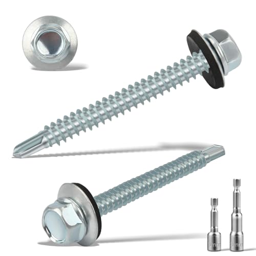 110 Stk Trapezblechschrauben Selbstschneidende Schrauben mit Dichtscheibe 5.5 x 50 MM + 2 Stk Sechskant Bit Steckschlusselsatz M8 Spenglerschrauben Verzinkt Bohrschrauben Metalldachschrauben(Silber) von Nuts OT nuts