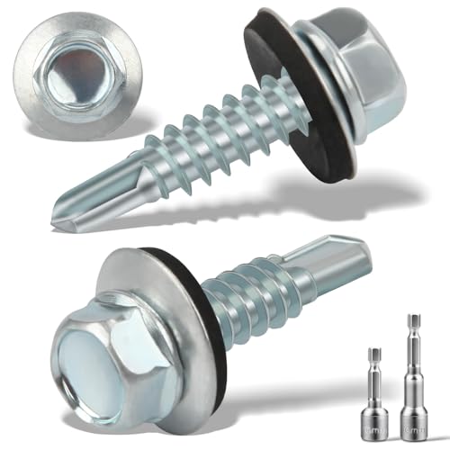 120 Stück Trapezblechschrauben Selbstschneidende Schrauben mit Dichtscheibe 6.3 x 25 mm + 2 Stk Sechskant Bit Steckschlusselsatz M10 Spenglerschrauben Verzinkt Bohrschrauben Metalldachschrauben von Nuts OT nuts