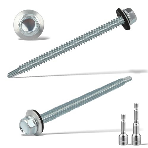 50 Stk Trapezblechschrauben Selbstschneidende Schrauben mit Dichtscheibe 6.3 x 100 MM + 2 Stk Sechskant Bit Steckschlusselsatz M8 Spenglerschrauben Verzinkt Bohrschrauben Metalldachschrauben(Silber) von Nuts OT nuts