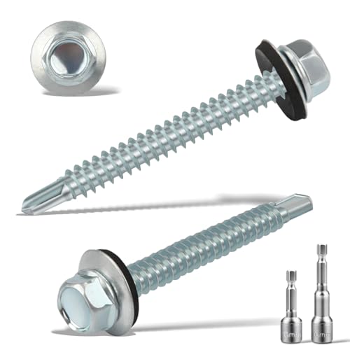 75 Stk Trapezblechschrauben Selbstschneidende Schrauben mit Dichtscheibe 6.3 x 50 MM + 2 Stk Sechskant Bit Steckschlusselsatz M8 Spenglerschrauben Verzinkt Bohrschrauben Metalldachschrauben(Silber) von Nuts OT nuts