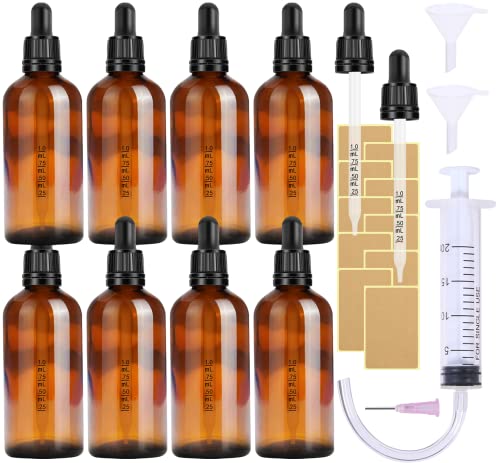 8Stk Pipettenflasche Glas 100ml Apothekerflasche Set-Braunglas Liquid Flaschen mit pipette Tropfflaschen Glasflaschen mit Schwarzer Pipettenkappe Beschriftungs-Etiketten Inklusive 5 Stk Hilfszubehör von Nuts OT nuts