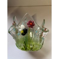 Blumen Und Hummel Teelichthalter, Gelb/Blau. Muttertag. Geschenke von Nuttysglassstudio