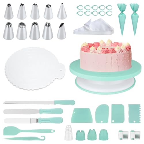 Backzubehör für Torten Set, 139 Set Profi Backset mit 11 Zoll Drehplatte, 100 Einweg-Spritztüten, Kuchenschneider, Edelstahl Spritzbeutel & Aufbewahrung für Erwachsene Anfänger drehteller torte (Grün) von Nuvollo