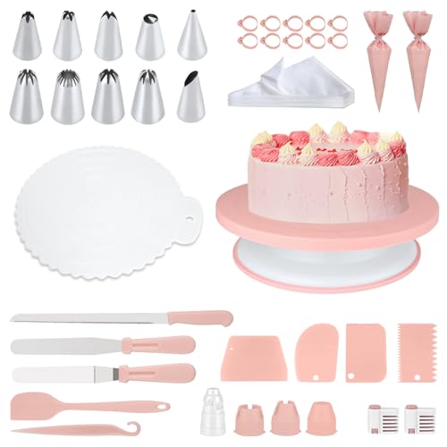 Backzubehör für Torten Set, 139 Set Profi Backset mit 11 Zoll Drehplatte 100 Einweg Spritztüten Kuchenschneider Edelstahl Spritzbeutel Aufbewahrung für Erwachsene Anfänger drehteller torte Rosa von Nuvollo