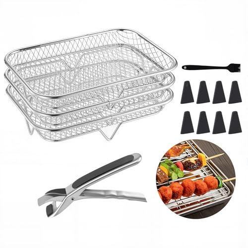 Gitter Für Heißluftfritteuse, 3 Stücke Heißluftfritteuse Gitter mit 8 Fußmatten 1 Klemme und 1 schwarzer Ölbürste Air Fryer Accessories Für Heißluftfritteuse Backofen von Nuvollo