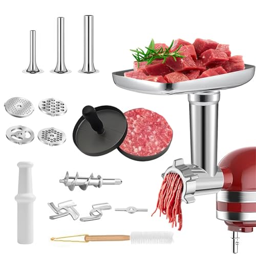 Fleischwolf Aufsatz für KitchenAid, 16 Set edelstahl fleischwolf aufsatz mit 4 Mahlscheiben 3 Wurstfüllhörnern Fleischpresse Weiße Reinigungsbürste Base von Nuvollo