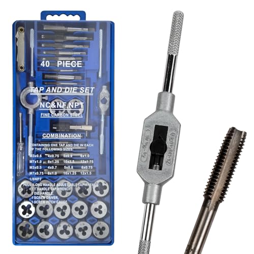 Gewindeschneidsatz, 40 Stück kernlochbohrer set GCr15 Kugellagerstahl für M3 M12 metrische Gewinde gewindeschneider set zoll inkl Schneideisen Windeisen und NPT Adapter von Nuvollo