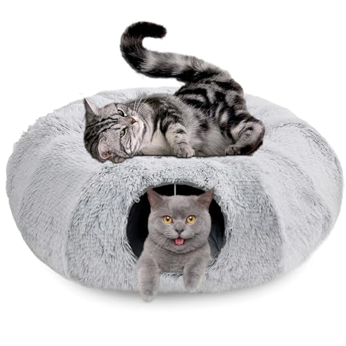 Katzentunnel Mit Bett, Katzentunnel Große Katzen, Plüsch Klappbar 80 x 80 x 26cm Katzenspiel Donut Bett Für Kleine Mittelgroße Und Große Katzen von Nuvollo