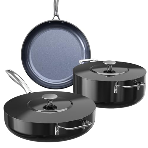 Nuwave Essential Series 5-teiliges Keramik-Kochgeschirr-Set, PFAS-frei, G11 Duralon-blaue Beschichtung, Töpfe und Pfannen, antihaftbeschichtet, diamantkratzfest, kühlbleibender Griff, Metalldeckel von Nuwave