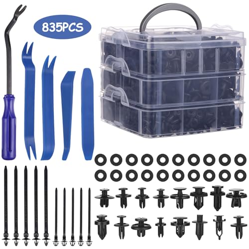 835 Stücke Auto Befestigung Clips, Befestigung Clips Türverkleidung, Befestigungsclips Universal mit Demontage Werkzeuge, Kabelbinder und Schwammig Kissen, Spreiznieten Kunststoff Set von Nuxory