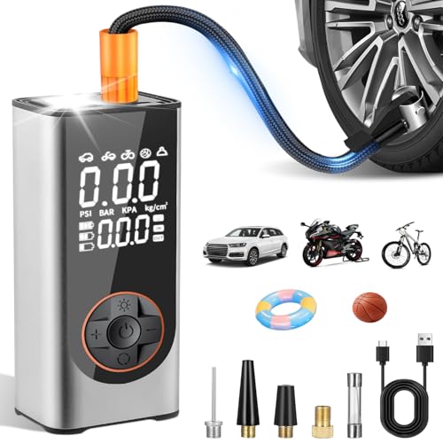 Tragbare Elektronische Luftpumpe, 150PSI Mini Kompressor mit Manometer 6000mAh, 5 Modi, 4 Düsen, Elektrischer Kompressor mit LCD, Wiederaufladbarer Autoreifen Pumpe für Fahrräder Motorräder Auto Bälle von Nuxory