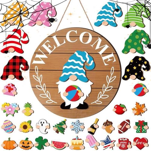 Gnom Austauschbares Willkommensschild | Wechselbare Deko aus Holz | Wohndekoration Mit Magnetteilen Und Abnehmbaren Hüten,Für Weihnachten Halloween Saisonale von Nuyhgtr