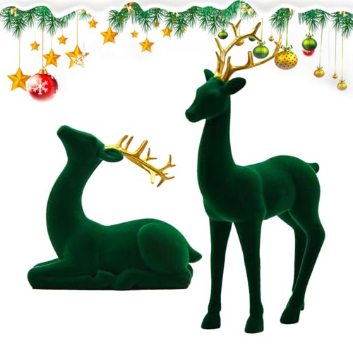 Rentier Weihnachtsdeko - Flor Rentier Figuren - 2 Stücke Stehend Sitzend Skulptur Rot Grün Ästhetisch Elch für Party Nachttisch Kamin Arbeitsplatz Deko von Nuyhgtr
