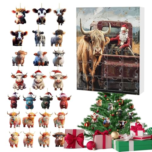 Weihnachts-Countdown-Kalender Hochlandkuh 24 Tage | Countdown-Kalender Advent Highland Cow 2D Acryl hängende Ornamente | Charm Ornamente für Weihnachtsbaum Auto Party Fenster von Nuyhgtr