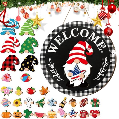 Austauschbares Willkommensschild Aus Holz Mit Gnom,Austauschbare Holzdekoration - Saisondeko Mit Magnetstücken Und Abnehmbaren Hüten - Für Garten Terrasse Wand Outdoor von Nuytghr