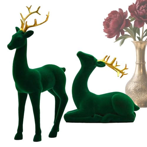 Nuytghr Weihnachtshirsch,Beflockte Rentier-Figuren - 2 Stücke Stehend Sitzend Skulptur Rot Grün Ästhetisch Elch für Party Nachttisch Kamin Arbeitsplatz Deko von Nuytghr