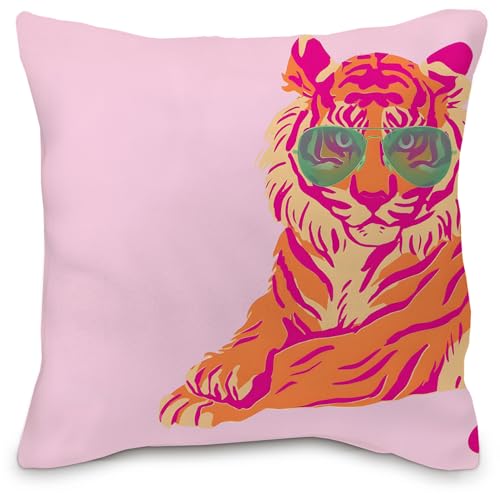 Nvotell Rosa Tiger-Kissenbezüge, 50,8 x 50,8 cm, buntes rosa und orange, Retro-Stil, flippig, adretter Tiger, Raumdekoration für Teenager-Mädchen (Pink 1) von Nvotell