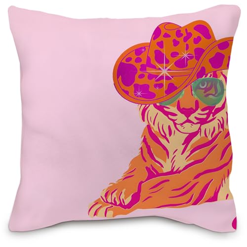 Nvotell Pinker Tiger-Kissenbezug, bunt, rosa und orange, Retro-Kissenbezüge, 45,7 x 45,7 cm, Retro, flippig, adretter Tiger, Raumdekoration für Teenager-Mädchen (Cowboyhut, Rosa 1) von Nvotell