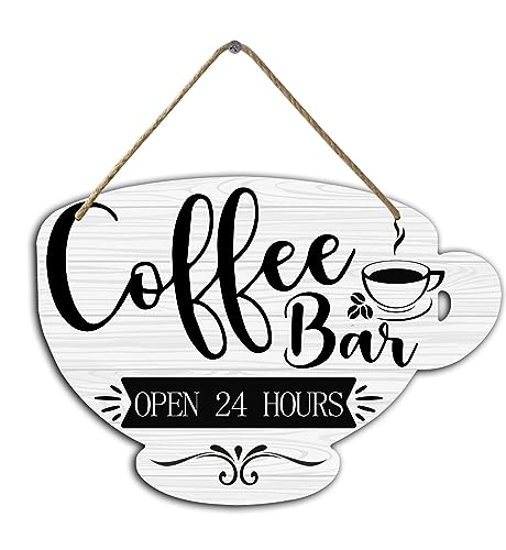 Schild mit Aufschrift "Coffee Bar Open 24 hours", Holz, zum Aufhängen, für Café, Geschäft, Fenster, Restaurants, Café, Kaffeestation, Vintage-Dekoration, Schild, 12,2 x 17,2 cm von Nwijvsn