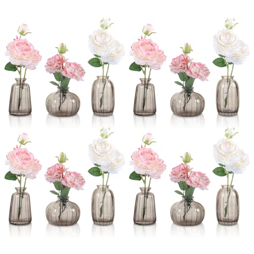 12 Stück Mini-Glasvase 3 Styles kleine Blumenvase Glas Knospe Vase Set für Tischdekoration Home Decor, Rosa(Grau) von Nwvuop