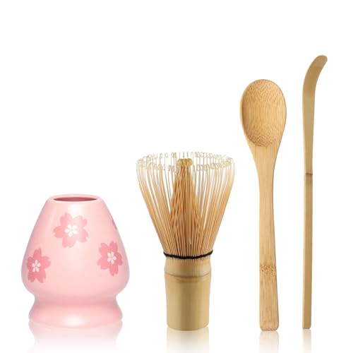 4er Set Matcha Set mit Matcha Besen, Löffel und Matcha Schneebesen Halter Matcha Zubehö(Rosa) von Nwvuop