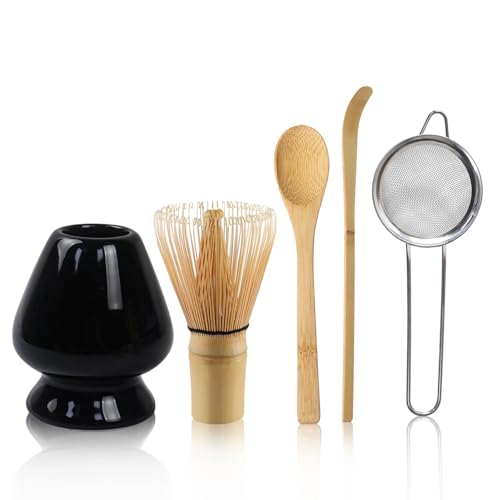5-teiliges Matcha Set mit Matcha Besen, Löffel, Schaufel und Keramik Besenhalter–Matcha Zubehör mit sieb(Schwarz) von Nwvuop